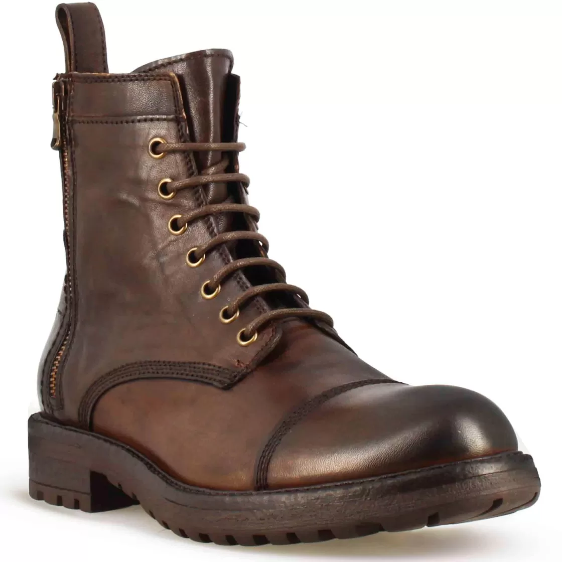Shop Leonardo Shoes Anfibio Da Uomo In Pelle Con Allacciatura E Cerniera Marrone Scuro