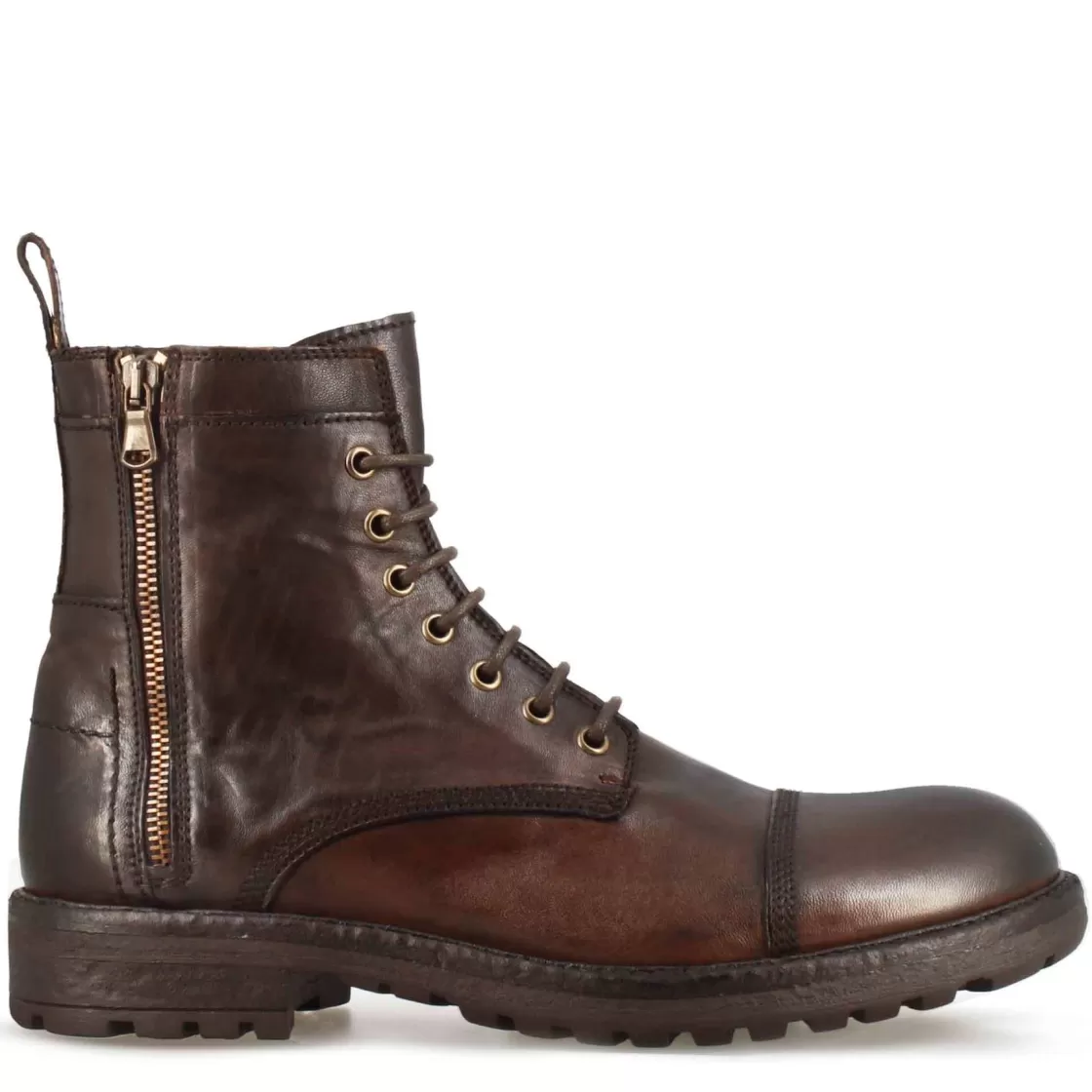 Shop Leonardo Shoes Anfibio Da Uomo In Pelle Con Allacciatura E Cerniera Marrone Scuro