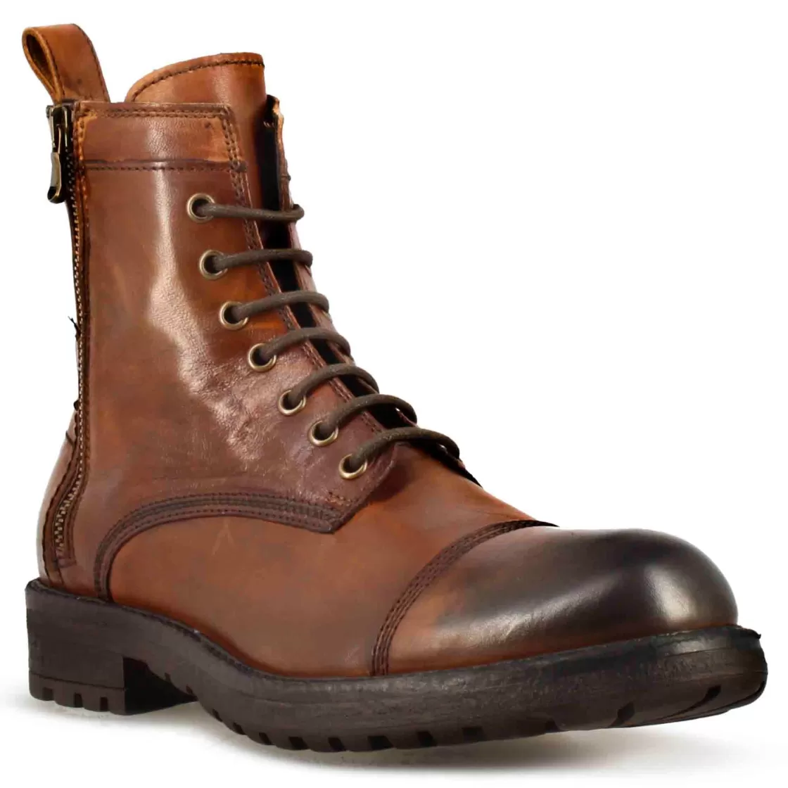 Cheap Leonardo Shoes Anfibio In Pelle Colore Con Allacciatura E Cerniera Marrone
