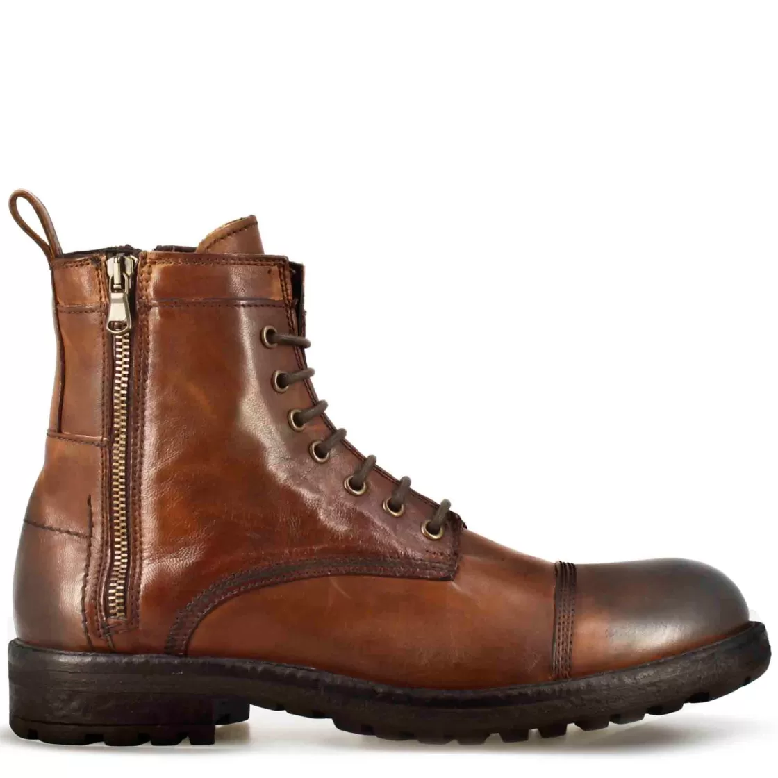Cheap Leonardo Shoes Anfibio In Pelle Colore Con Allacciatura E Cerniera Marrone