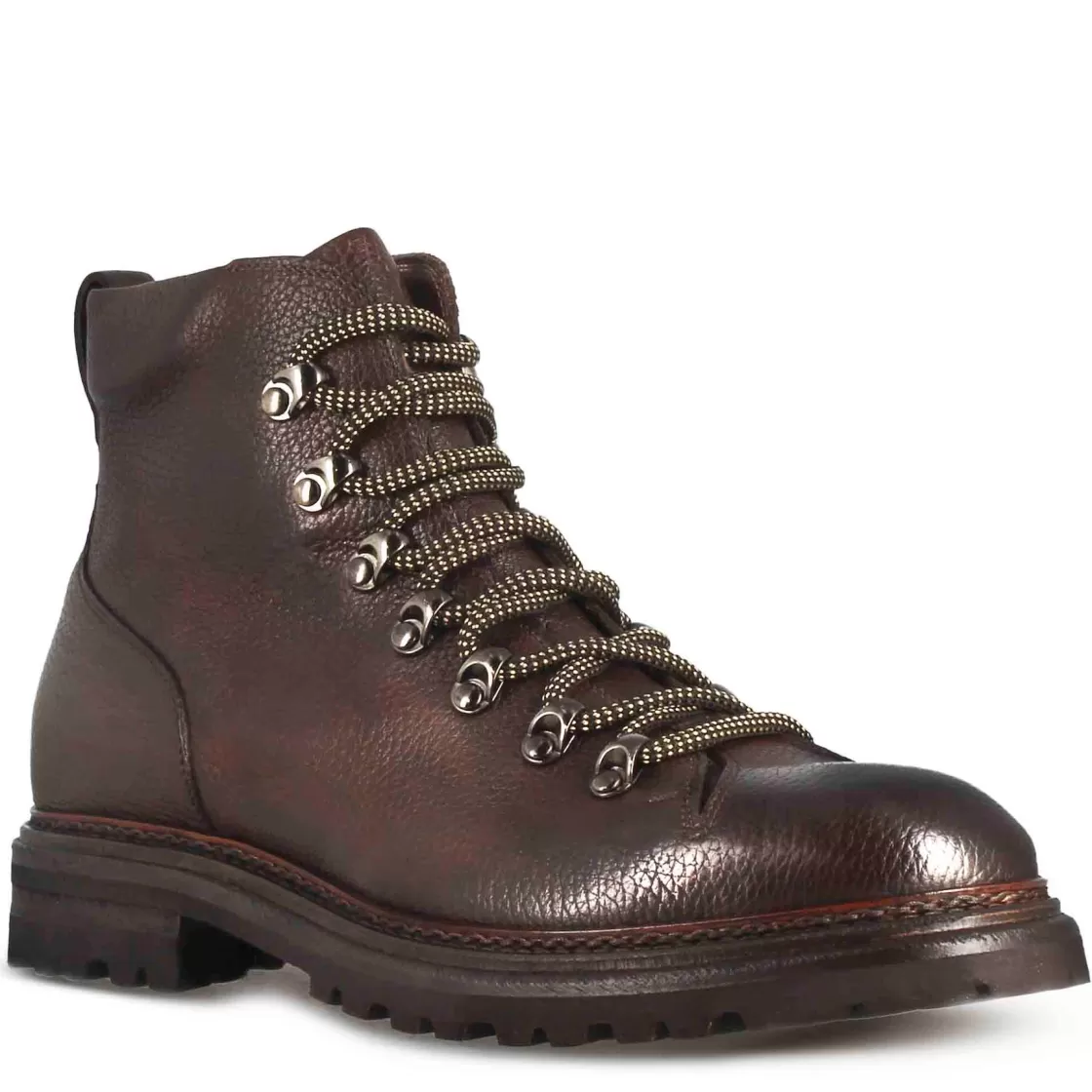 Discount Leonardo Shoes Anfibio In Pelle Colore Marrone Con Allacciatura E Suola In Gomma Vibram Marrone Scuro