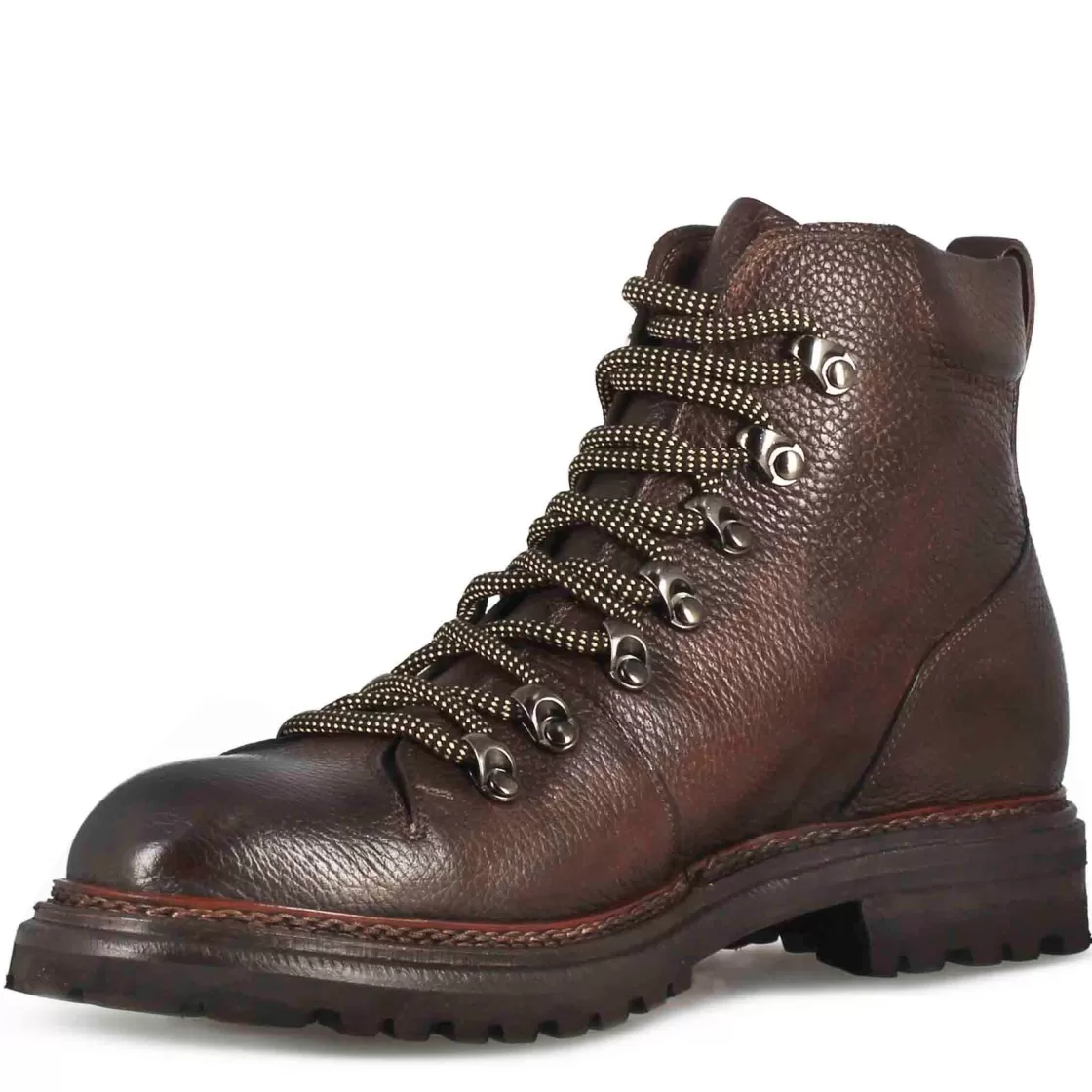 Discount Leonardo Shoes Anfibio In Pelle Colore Marrone Con Allacciatura E Suola In Gomma Vibram Marrone Scuro