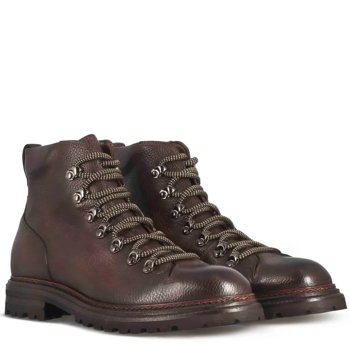 Discount Leonardo Shoes Anfibio In Pelle Colore Marrone Con Allacciatura E Suola In Gomma Vibram Marrone Scuro