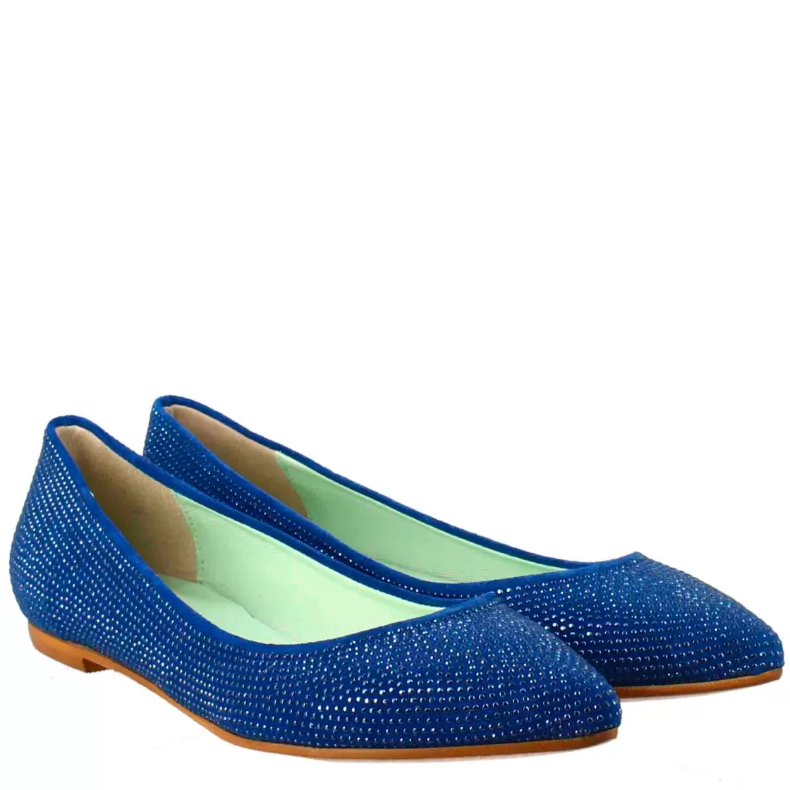 New Leonardo Shoes Ballerine Da Donna Color In Pelle Scamosciata Con Strass Celeste