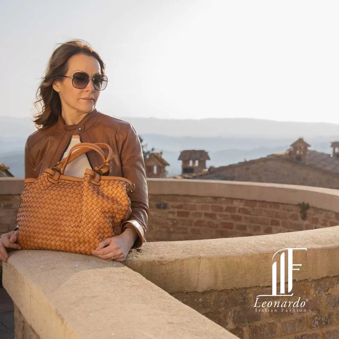 Store Leonardo Shoes Borsa Da Donna Petrarca Fatta A Mano In Pelle Intrecciata Cuoio Con Tracolla Marrone