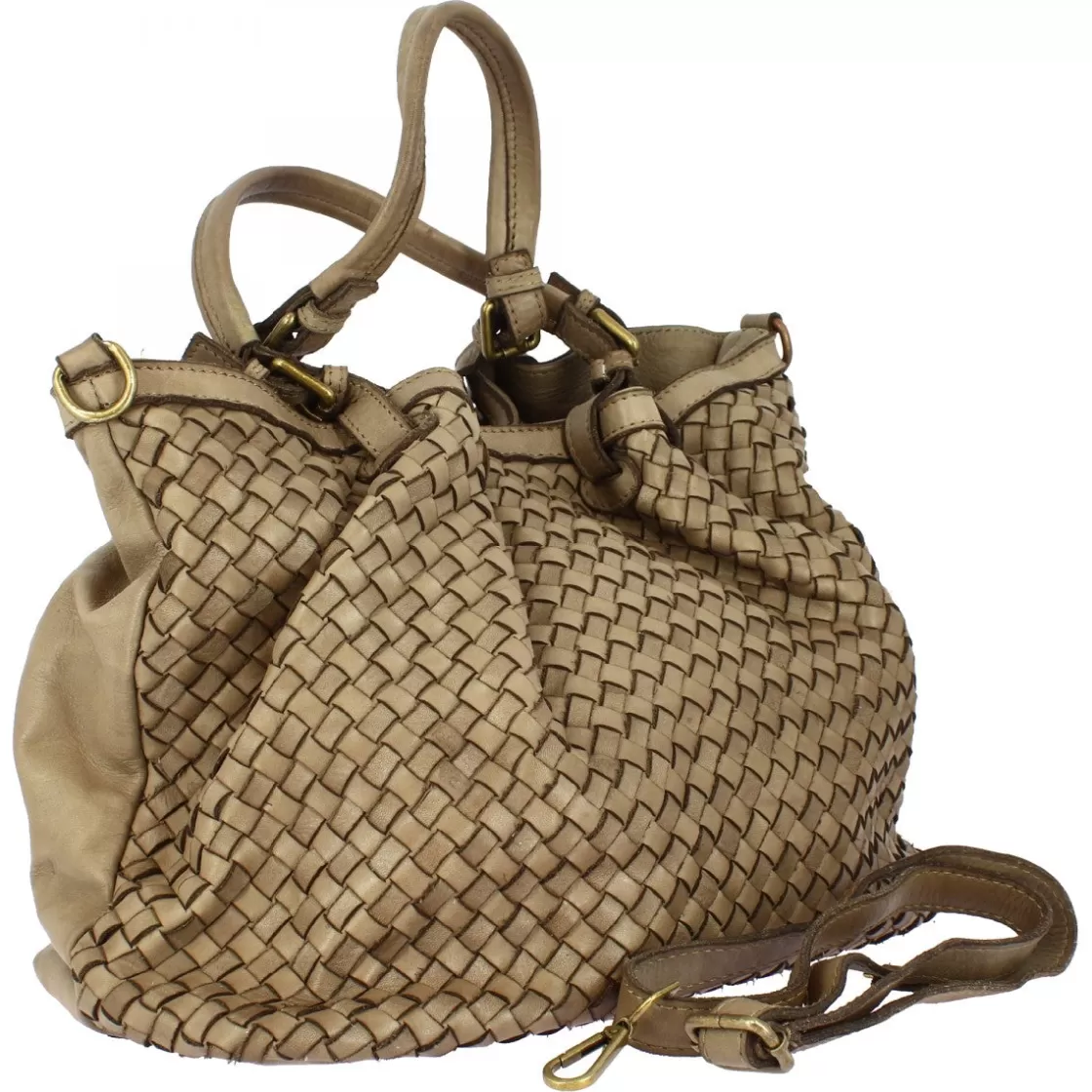 Shop Leonardo Shoes Borsa Da Donna Petrarca Fatta A Mano In Pelle Intrecciata Taupe Con Tracolla Marrone Chiaro