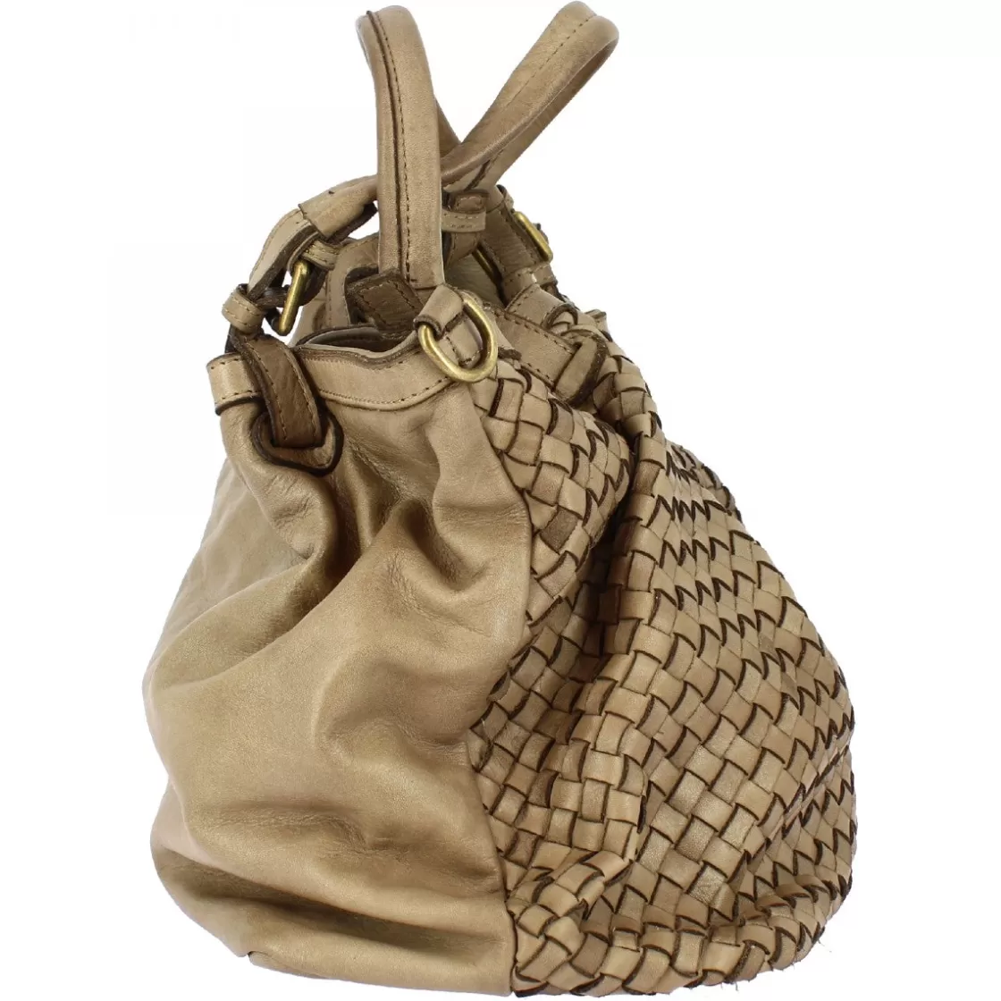 Shop Leonardo Shoes Borsa Da Donna Petrarca Fatta A Mano In Pelle Intrecciata Taupe Con Tracolla Marrone Chiaro