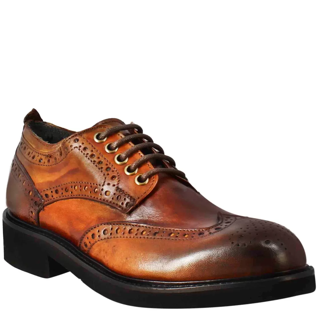 Sale Leonardo Shoes Derby Da Donna Con Dettagli Brogue Paupa In Pelle Lavata Cuoio Scuro Marrone