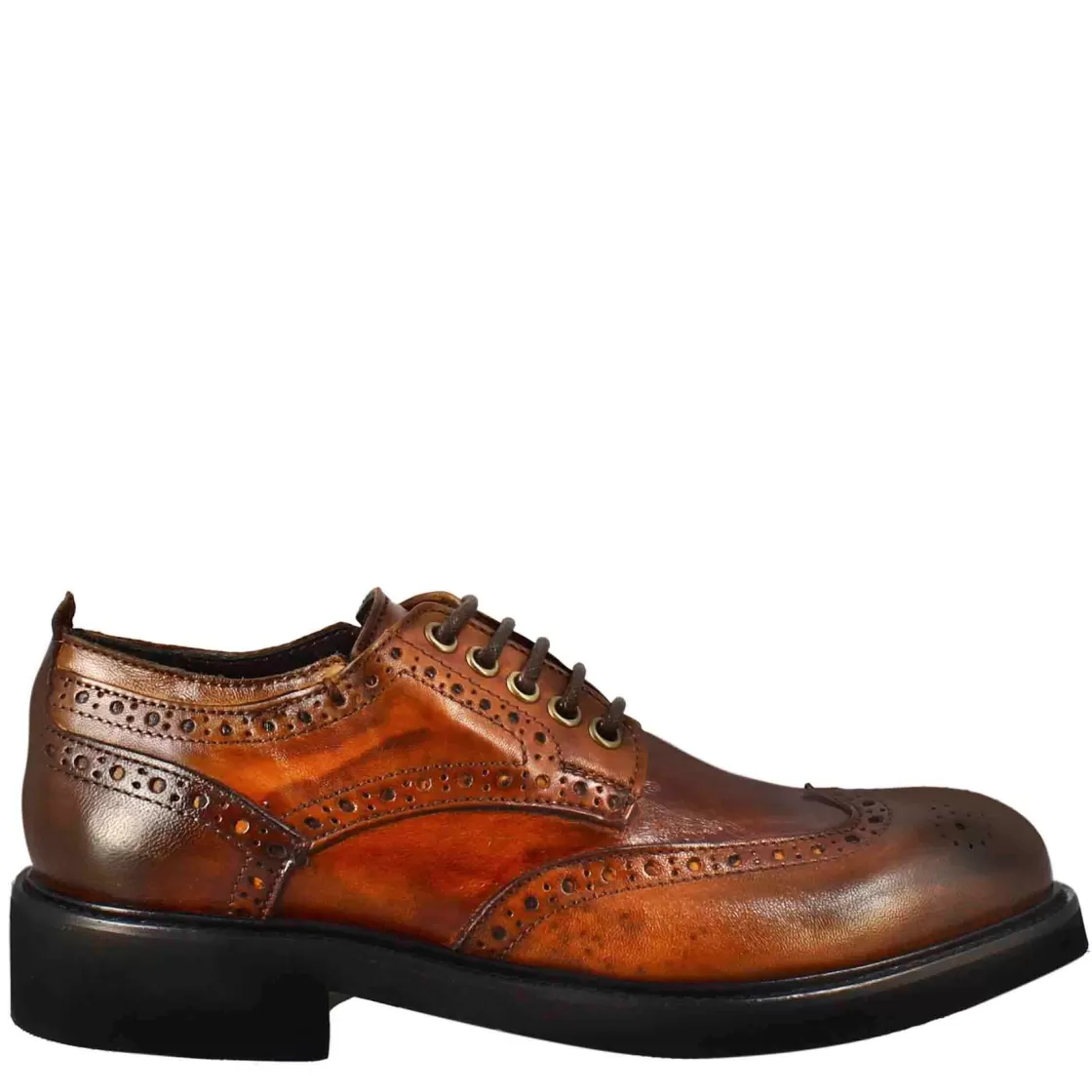 Sale Leonardo Shoes Derby Da Donna Con Dettagli Brogue Paupa In Pelle Lavata Cuoio Scuro Marrone