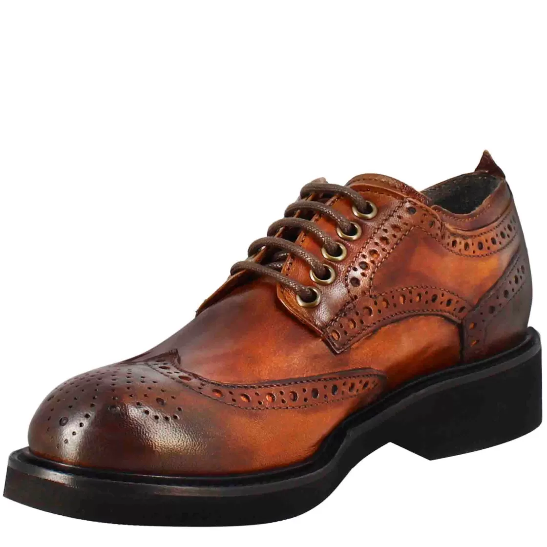 Sale Leonardo Shoes Derby Da Donna Con Dettagli Brogue Paupa In Pelle Lavata Cuoio Scuro Marrone