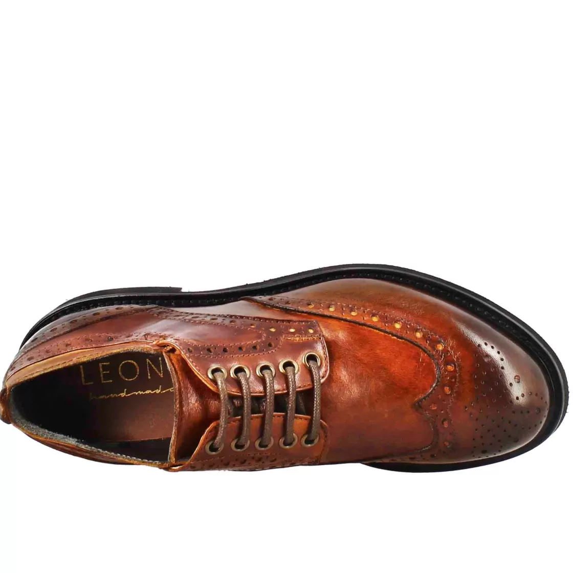 Sale Leonardo Shoes Derby Da Donna Con Dettagli Brogue Paupa In Pelle Lavata Cuoio Scuro Marrone