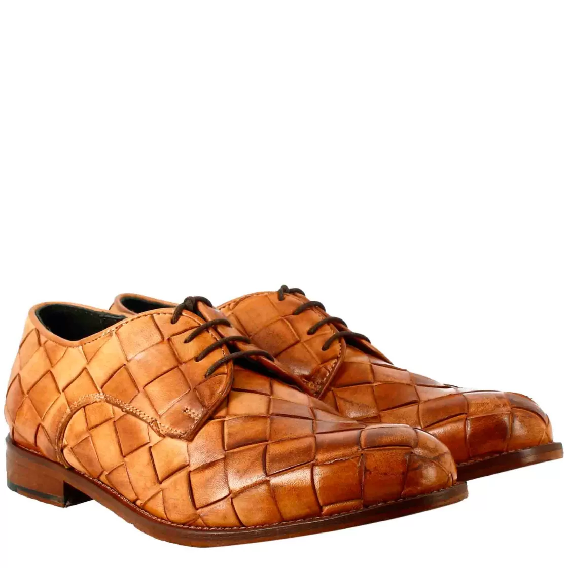 Cheap Leonardo Shoes Derby Vintage Elegante Da Uomo In Pelle Intrecciata Marrone Chiaro