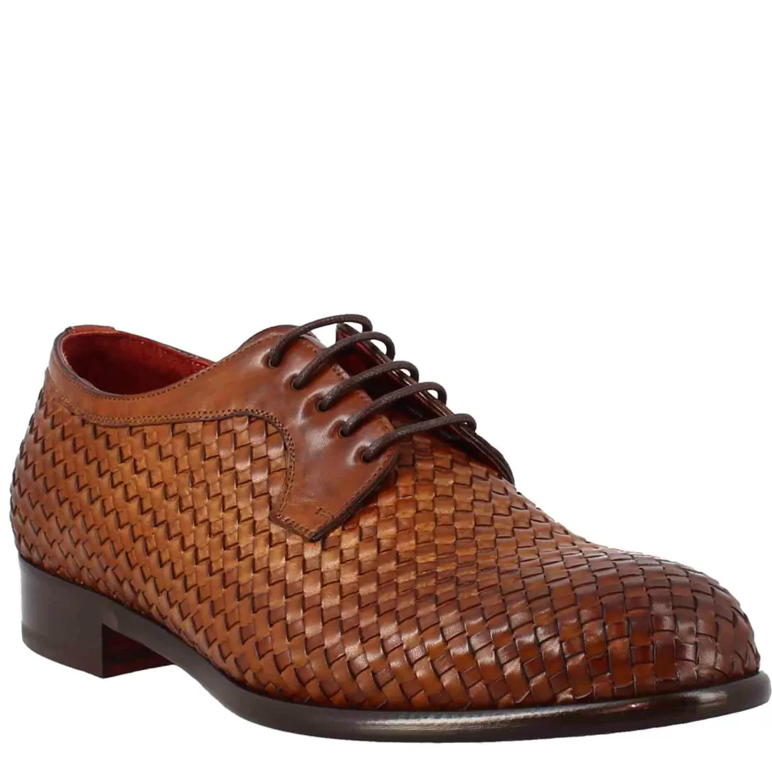Hot Leonardo Shoes Derby Elegante Da Uomo In Pelle Fiore Intrecciata Marrone