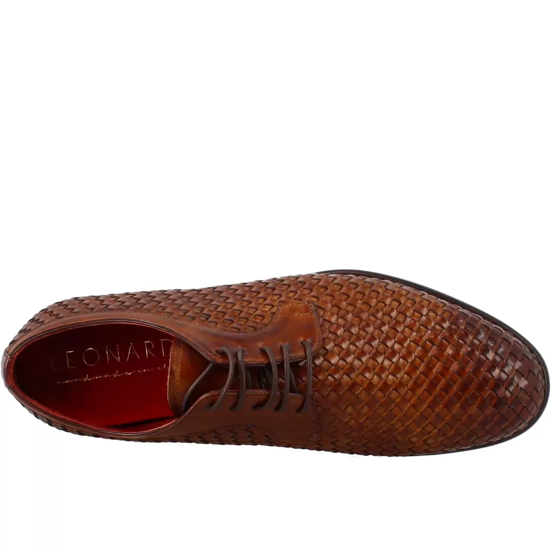 Hot Leonardo Shoes Derby Elegante Da Uomo In Pelle Fiore Intrecciata Marrone