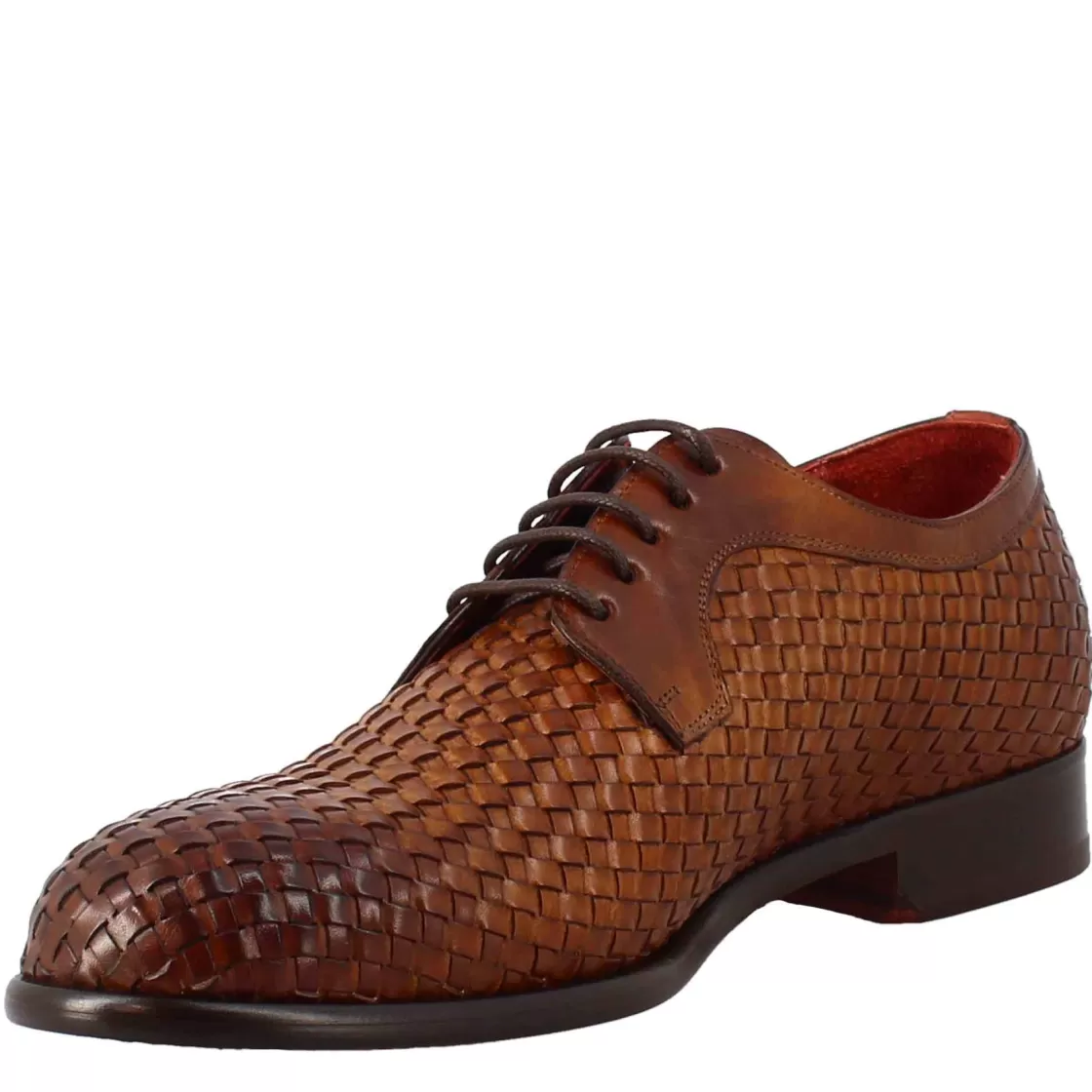 Hot Leonardo Shoes Derby Elegante Da Uomo In Pelle Fiore Intrecciata Marrone