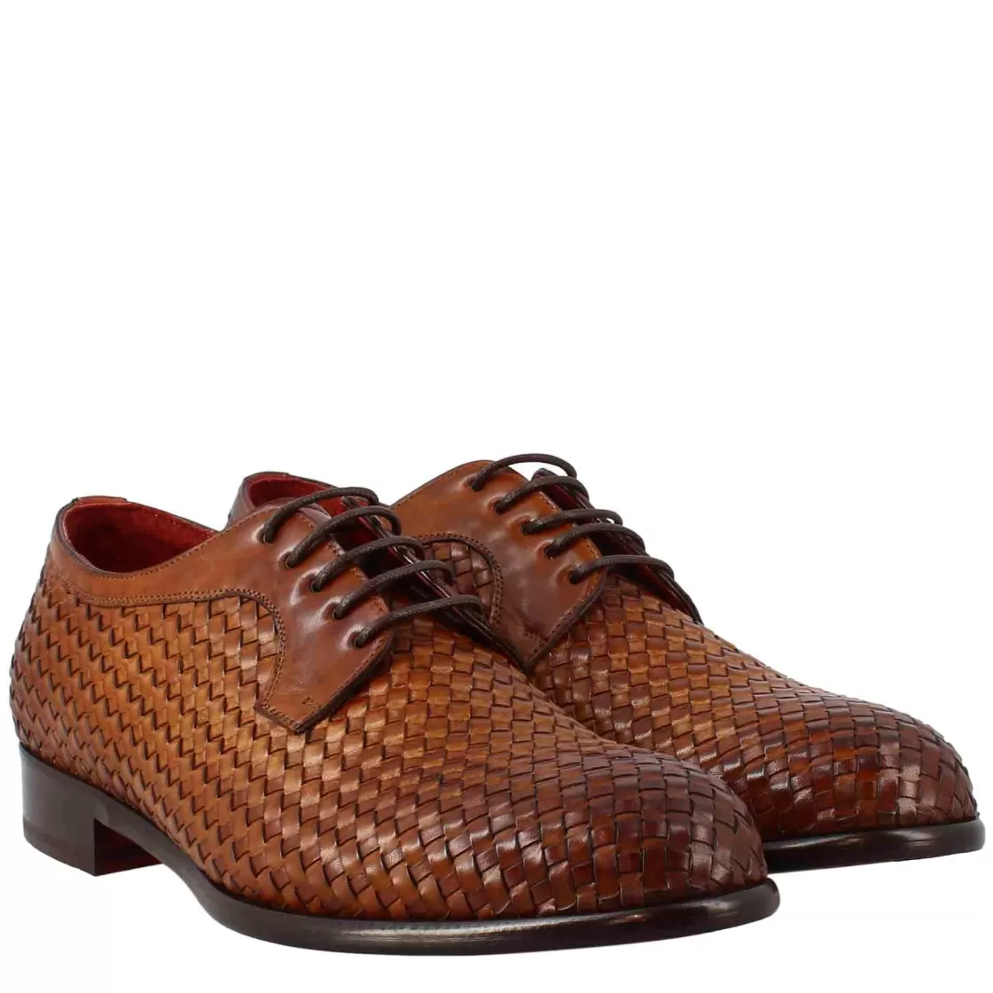 Hot Leonardo Shoes Derby Elegante Da Uomo In Pelle Fiore Intrecciata Marrone