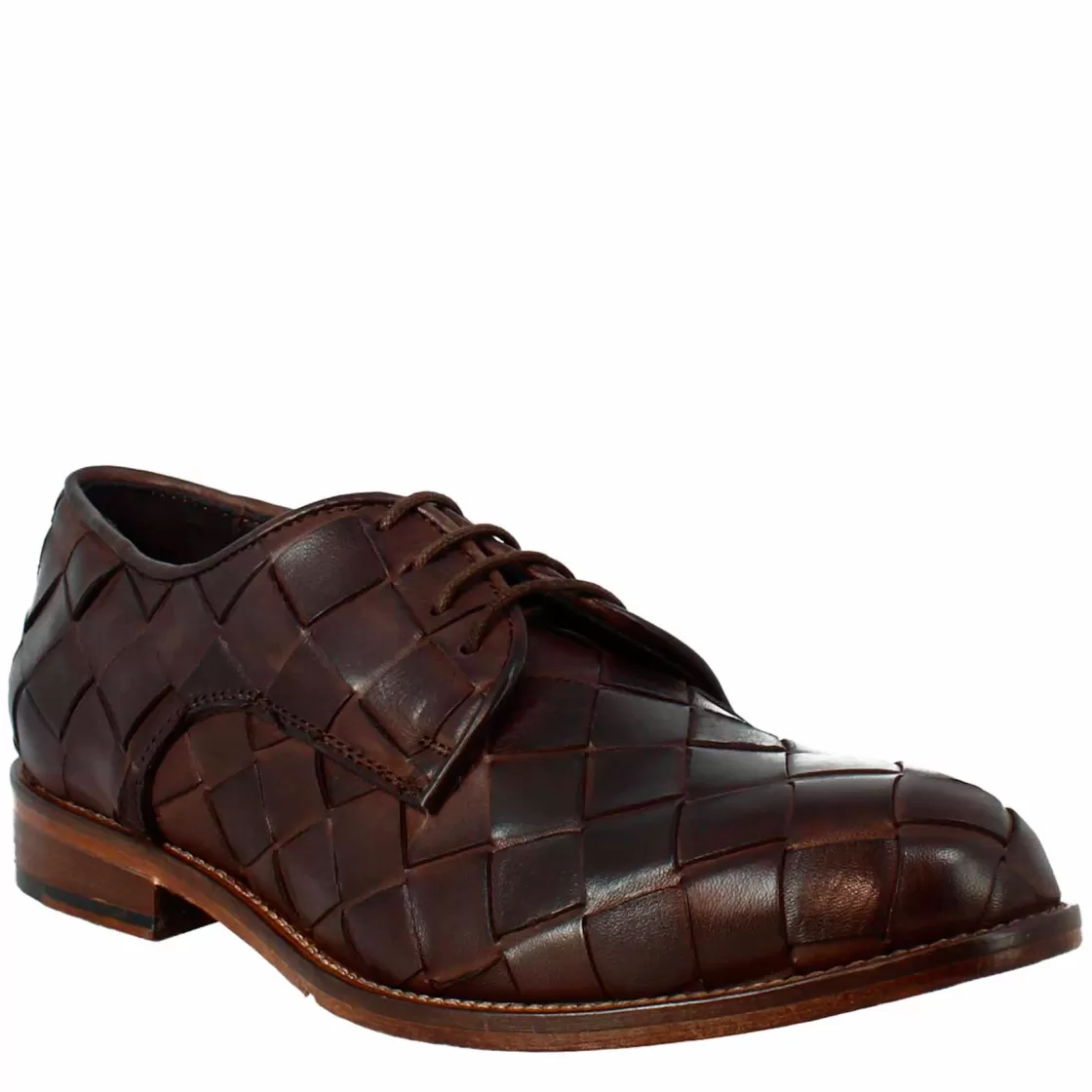 Store Leonardo Shoes Derby Vintage Elegante Da Uomo In Pelle Intrecciata Marrone Scuro