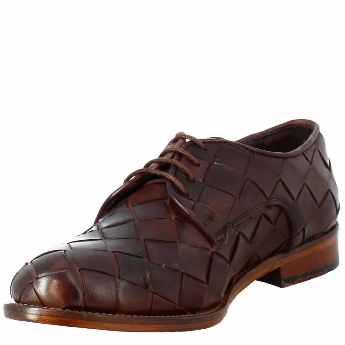 Store Leonardo Shoes Derby Vintage Elegante Da Uomo In Pelle Intrecciata Marrone Scuro