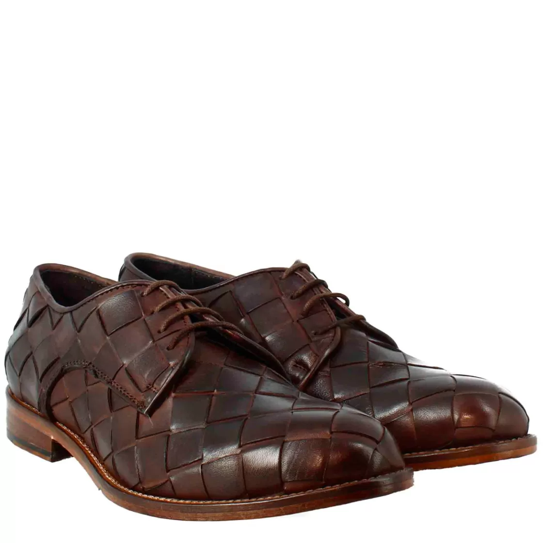 Store Leonardo Shoes Derby Vintage Elegante Da Uomo In Pelle Intrecciata Marrone Scuro