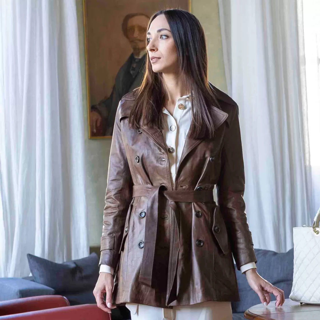 Outlet Leonardo Shoes Giacca Da Donna Stile Trench In Pelle Alta Qualità Colore Marrone