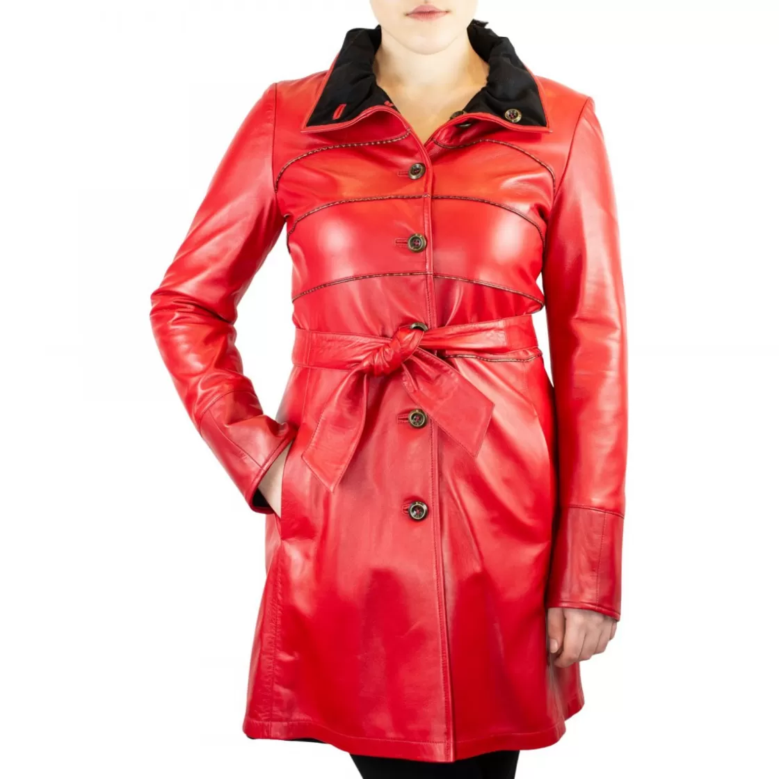 Cheap Leonardo Shoes Giacca Elegante Da Donna Con Cintura Fatta A Mano In Pelle Di Agnello E Cachemire Rossa E Nera Rosso