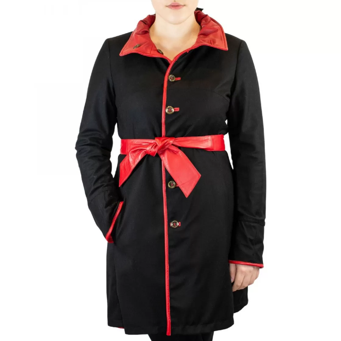 Cheap Leonardo Shoes Giacca Elegante Da Donna Con Cintura Fatta A Mano In Pelle Di Agnello E Cachemire Rossa E Nera Rosso