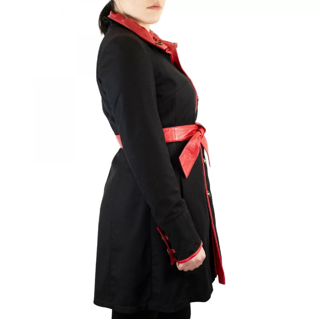 Cheap Leonardo Shoes Giacca Elegante Da Donna Con Cintura Fatta A Mano In Pelle Di Agnello E Cachemire Rossa E Nera Rosso