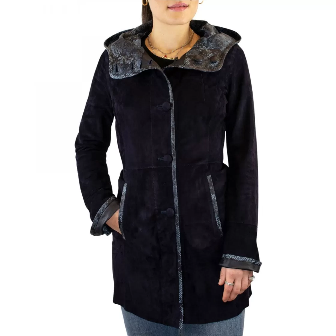 Clearance Leonardo Shoes Giacca Elegante Reversibile Da Donna Fatta A Mano In Pelle Di Renna E Agnello Con Cappuccio Blu
