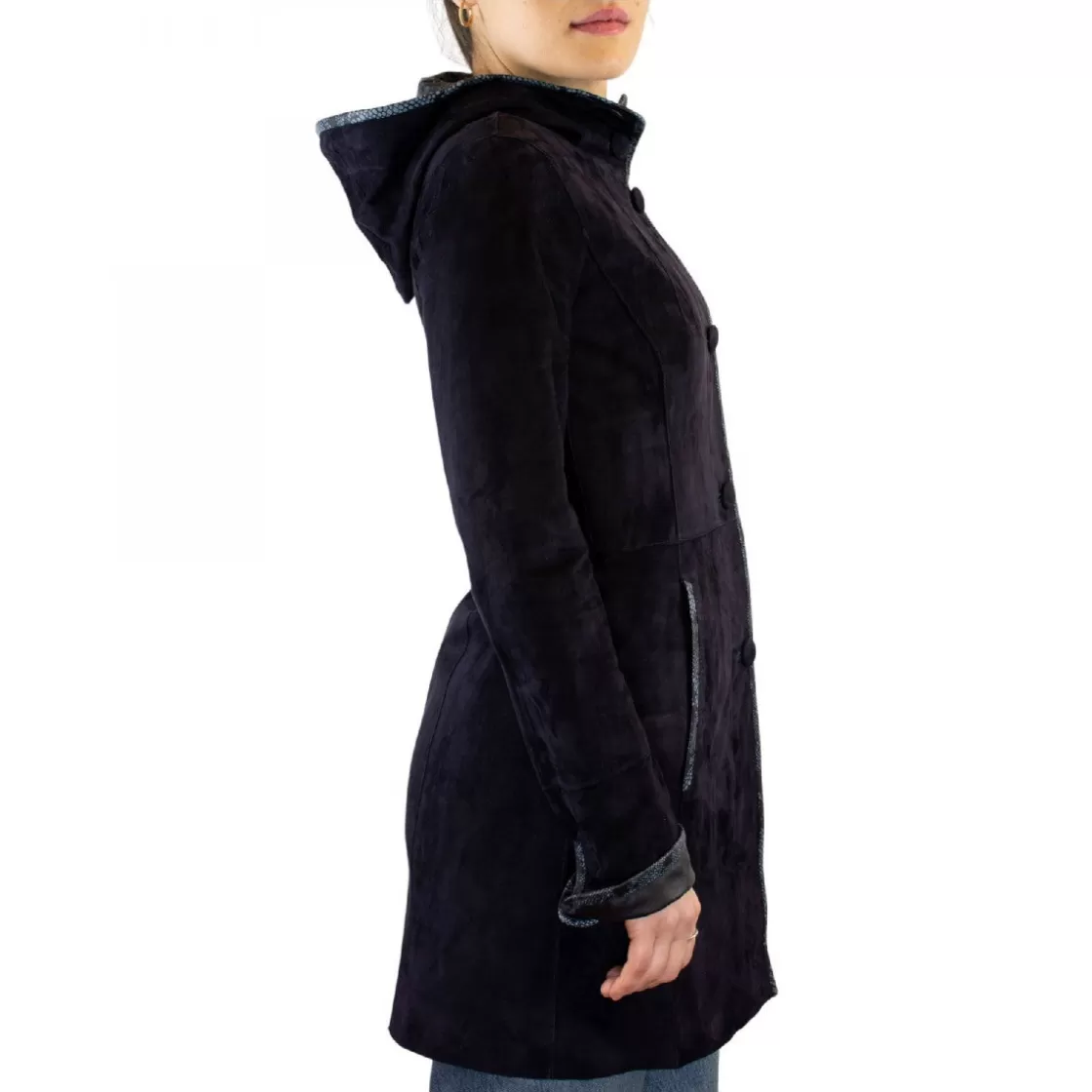 Clearance Leonardo Shoes Giacca Elegante Reversibile Da Donna Fatta A Mano In Pelle Di Renna E Agnello Con Cappuccio Blu
