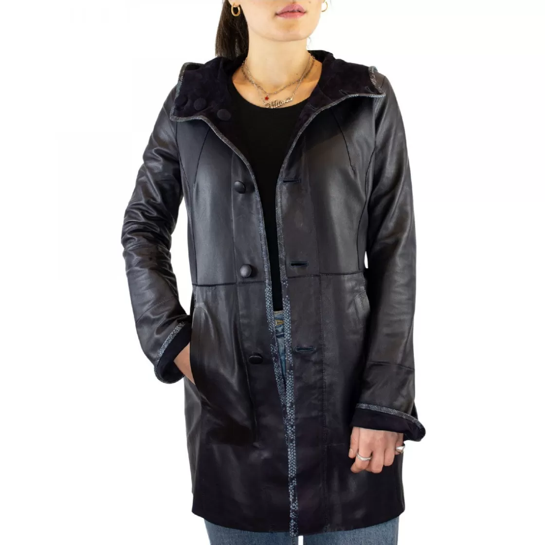 Clearance Leonardo Shoes Giacca Elegante Reversibile Da Donna Fatta A Mano In Pelle Di Renna E Agnello Con Cappuccio Blu