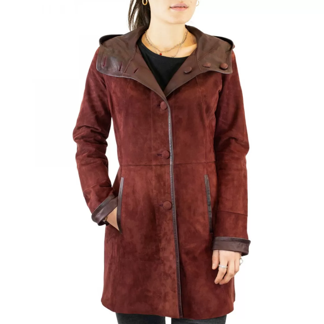 Discount Leonardo Shoes Giacca Elegante Reversibile Da Donna Fatta A Mano In Pelle Di Renna E Agnello Bordeaux Bordo