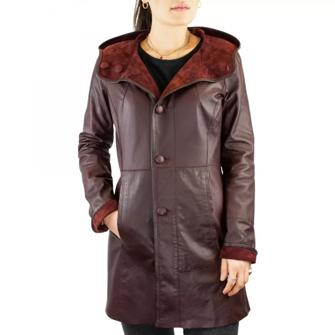 Discount Leonardo Shoes Giacca Elegante Reversibile Da Donna Fatta A Mano In Pelle Di Renna E Agnello Bordeaux Bordo