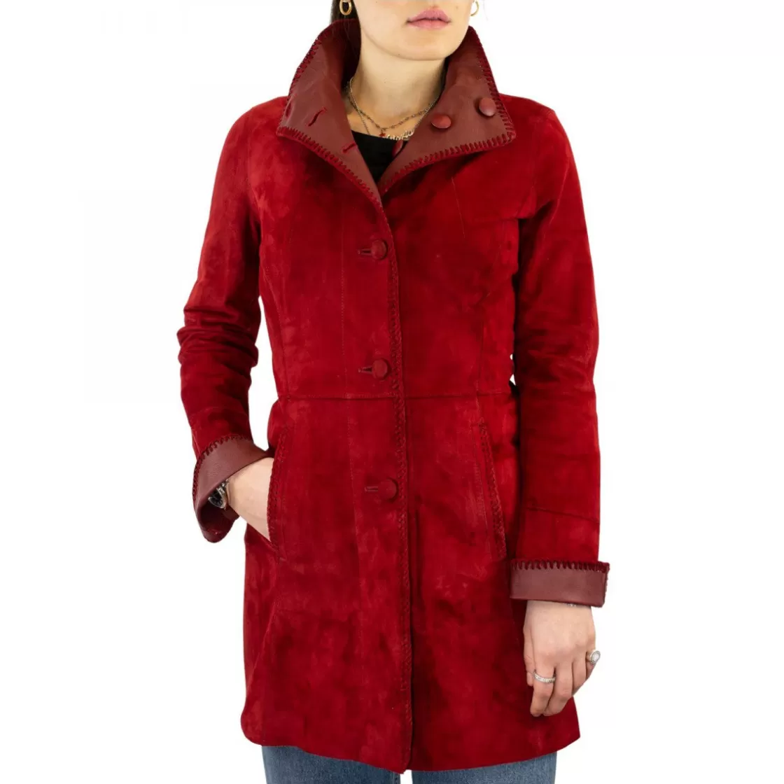 Best Leonardo Shoes Giacca Elegante Reversibile Da Donna Fatta A Mano In Pelle Di Renna E Agnello Rossa Con Bottoni Rosso