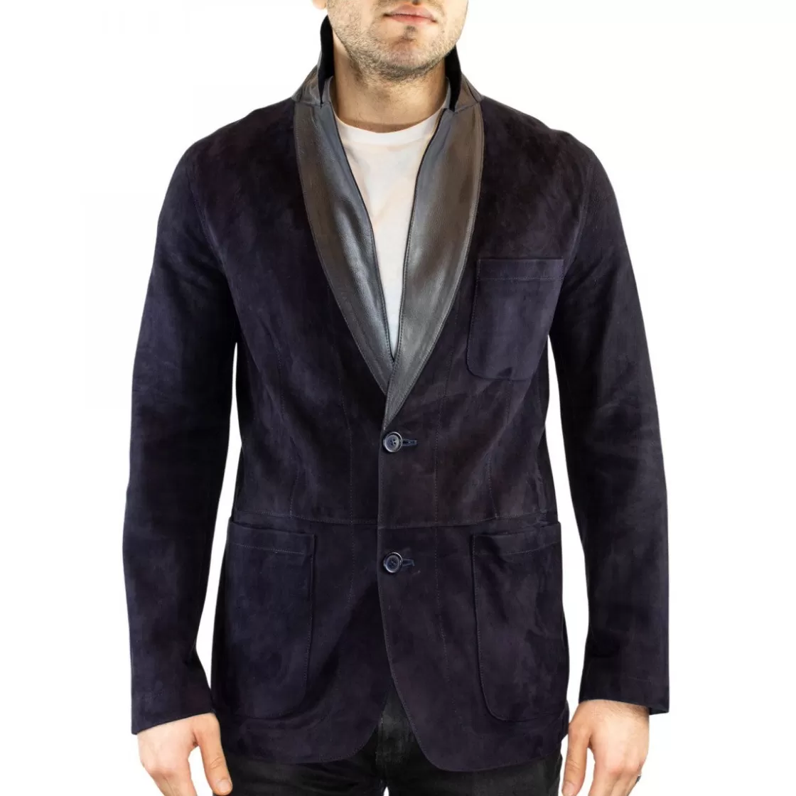 Clearance Leonardo Shoes Giacca Elegante Reversibile Da Uomo Fatta A Mano In Pelle Di Renna E Agnello Con Bottoni Blu