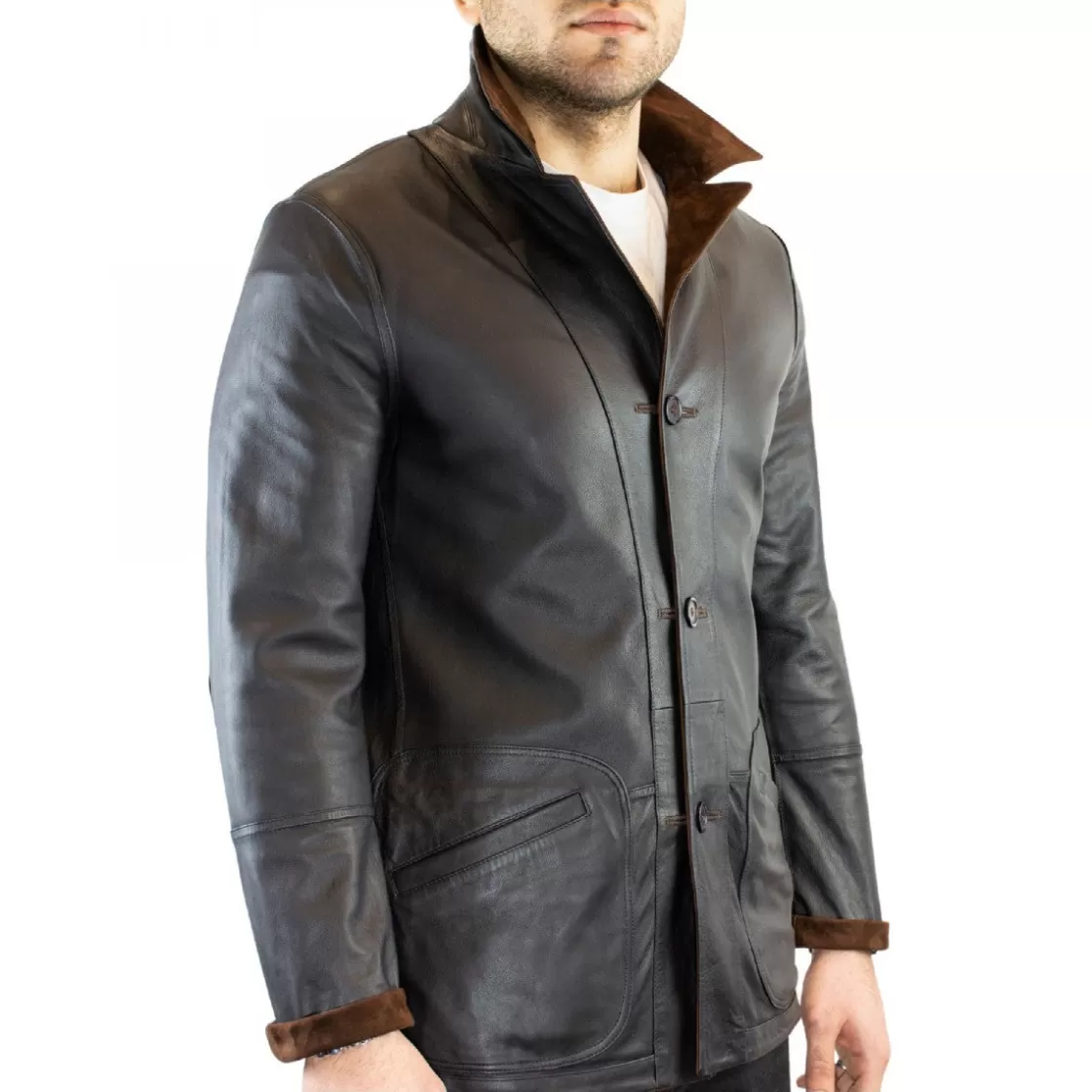 Sale Leonardo Shoes Giacca Formale Reversibile Da Uomo Fatta A Mano In Pelle Di Renna E Agnello Testa Di Moro Marrone Scuro