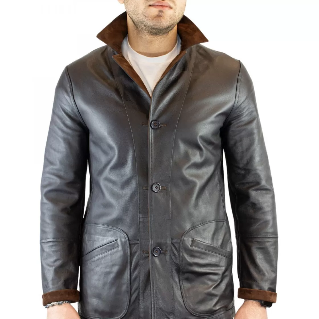 Sale Leonardo Shoes Giacca Formale Reversibile Da Uomo Fatta A Mano In Pelle Di Renna E Agnello Testa Di Moro Marrone Scuro