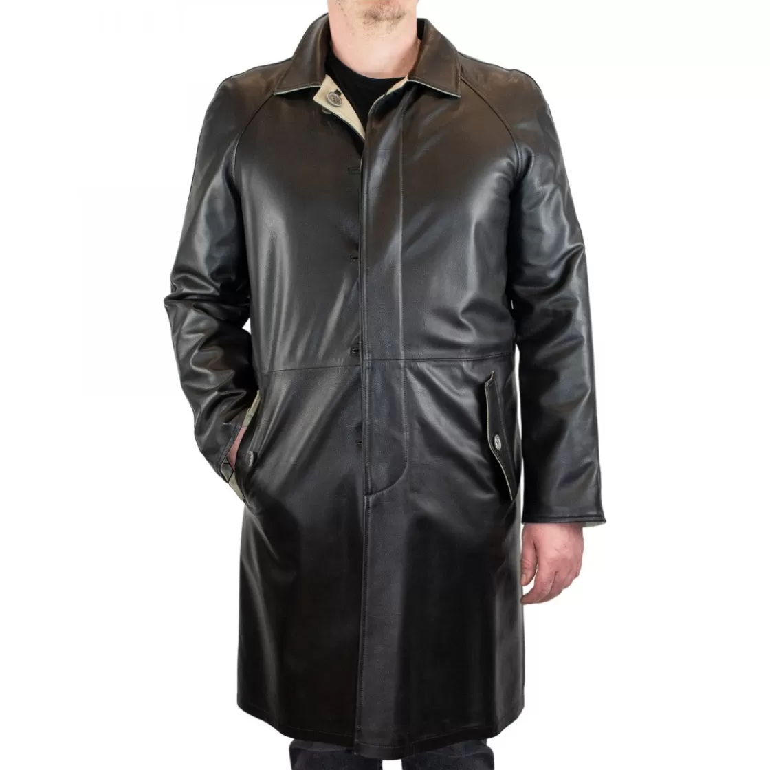 Outlet Leonardo Shoes Giacca Lunga Reversibile Da Uomo In Pelle Nera Con Bottoni Nero