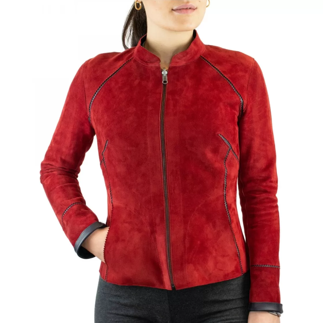 Sale Leonardo Shoes Giacca Reversibile Astrid Da Donna Fatta A Mano In Pelle Di Renna Rossa E Pelle Di Agnello Nera Rosso