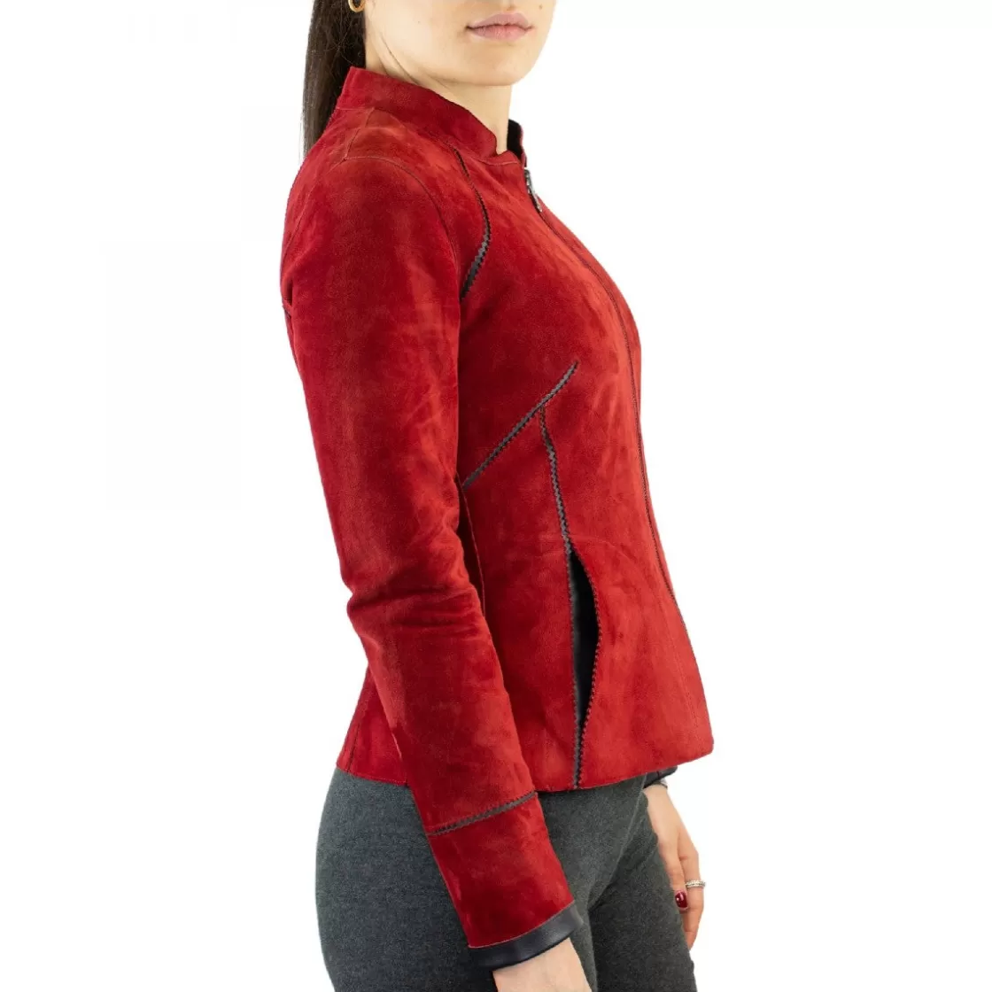 Sale Leonardo Shoes Giacca Reversibile Astrid Da Donna Fatta A Mano In Pelle Di Renna Rossa E Pelle Di Agnello Nera Rosso