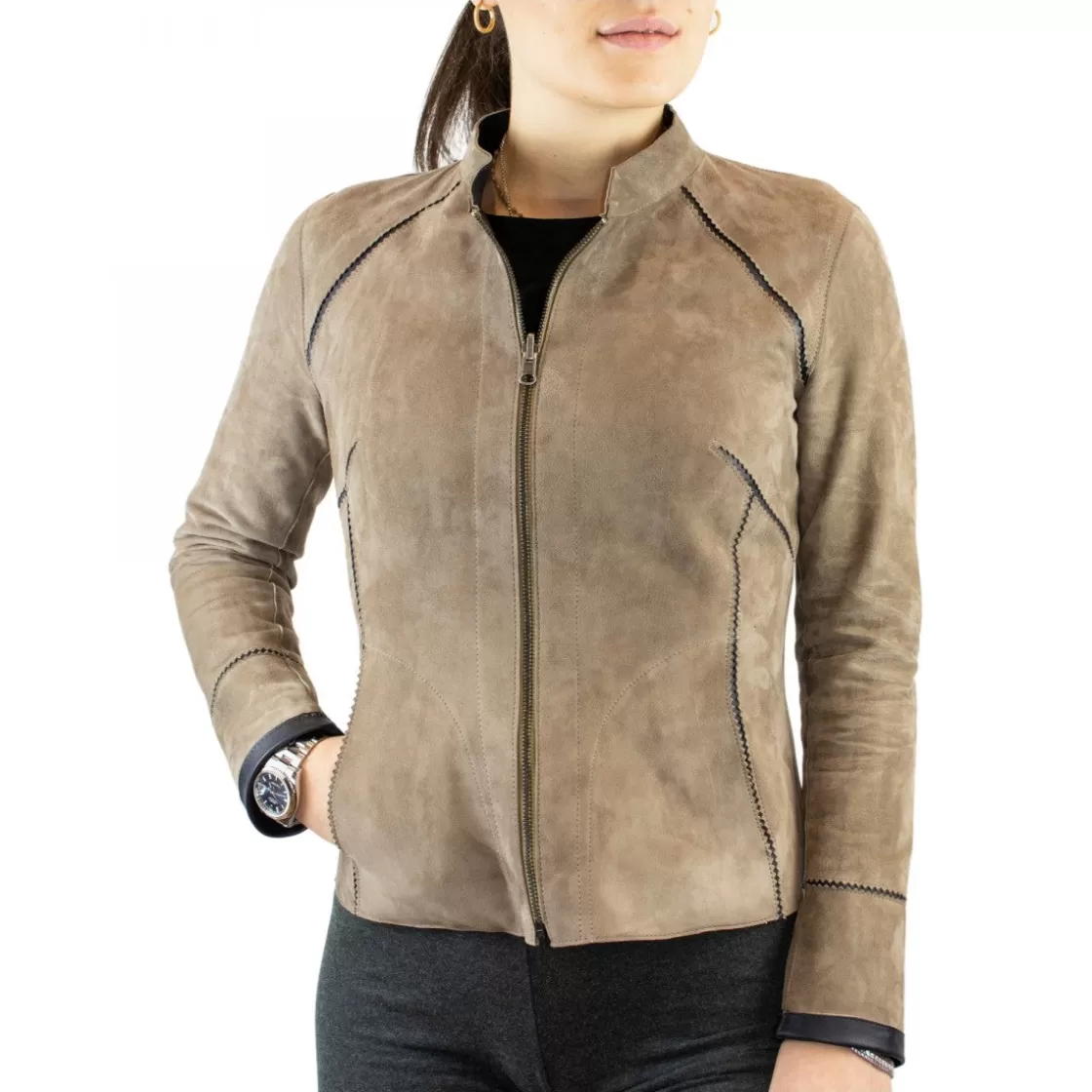 Outlet Leonardo Shoes Giacca Reversibile Astrid Da Donna Fatta A Mano In Pelle Di Renna Taupe E Pelle Di Agnello Nera Marrone Chiaro