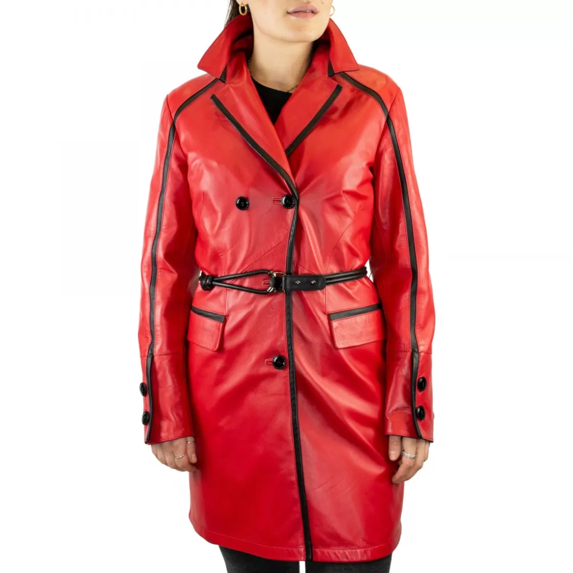 Discount Leonardo Shoes Giacca Reversibile Da Donna Fatta A Mano In Pelle Di Agnello Rossa E Cachemire Con Cintura Rosso