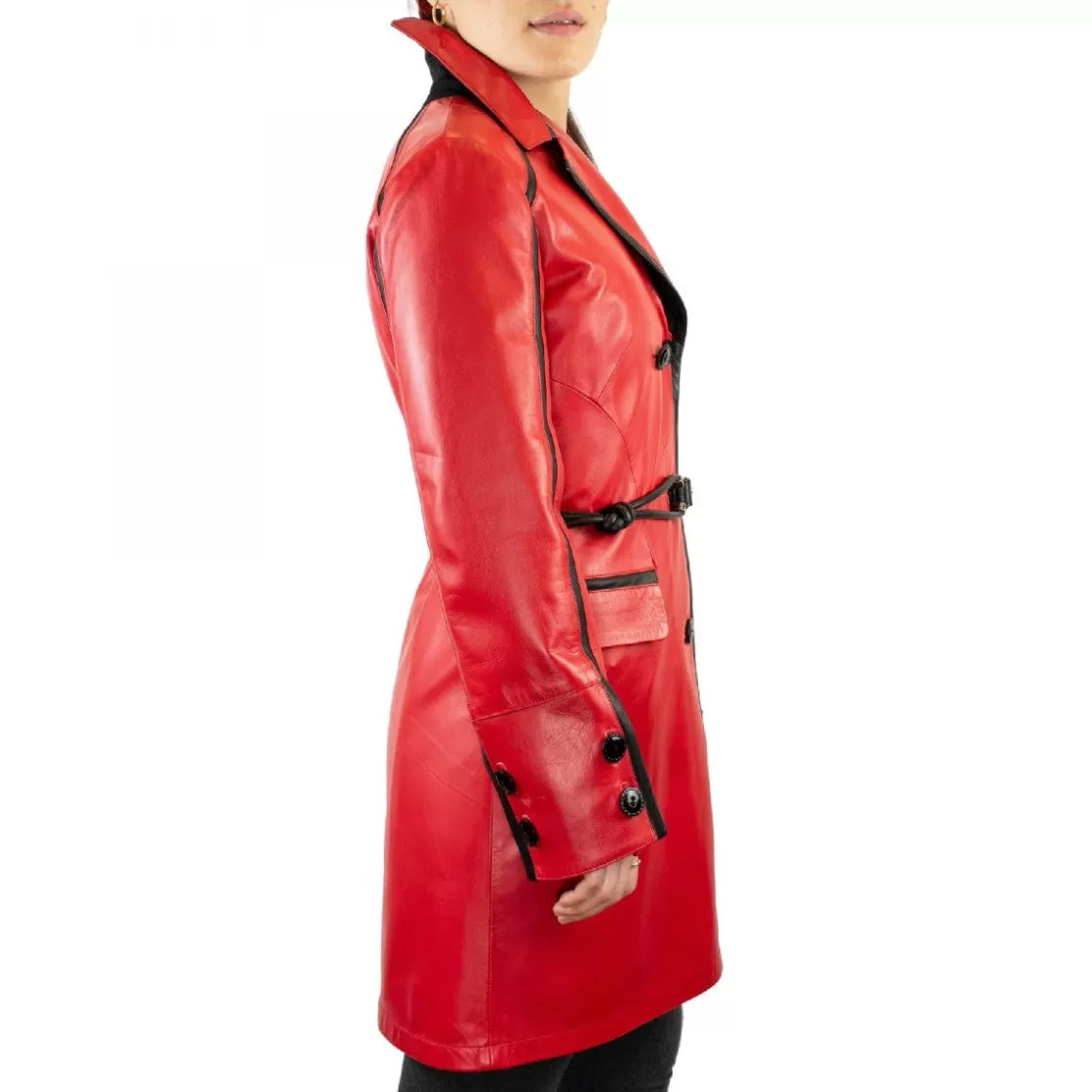 Discount Leonardo Shoes Giacca Reversibile Da Donna Fatta A Mano In Pelle Di Agnello Rossa E Cachemire Con Cintura Rosso