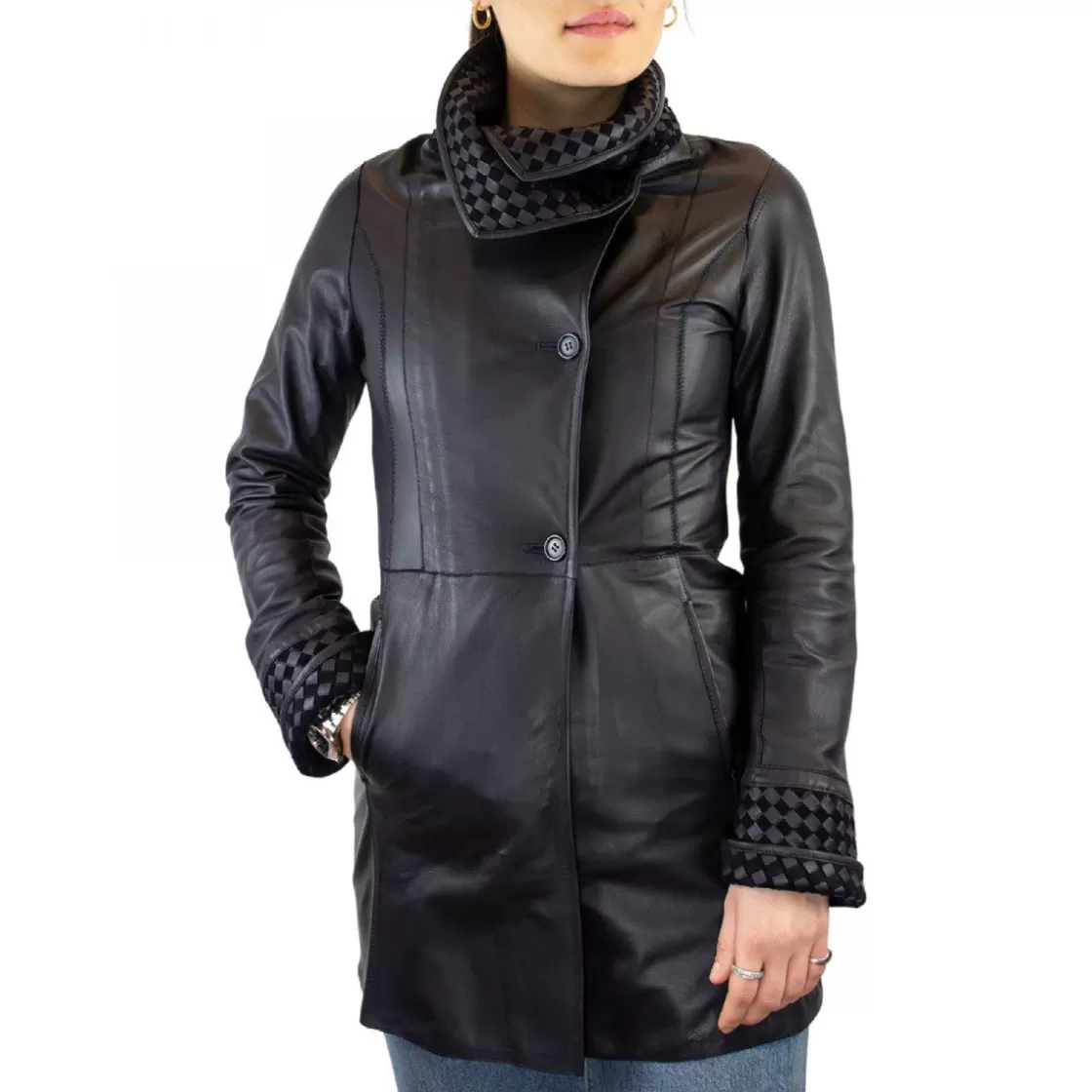 Clearance Leonardo Shoes Giacca Reversibile Da Donna Fatta A Mano In Pelle Di Renna E Agnello Blu