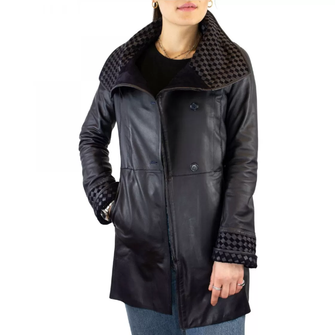 Clearance Leonardo Shoes Giacca Reversibile Da Donna Fatta A Mano In Pelle Di Renna E Agnello Blu