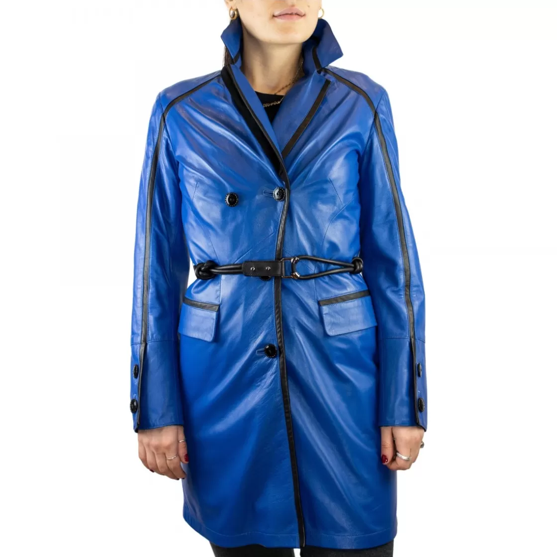 New Leonardo Shoes Giacca Reversibile Da Donna Fatta A Mano In Pelle Di Vitello E Cachemire Con Cintura Blu