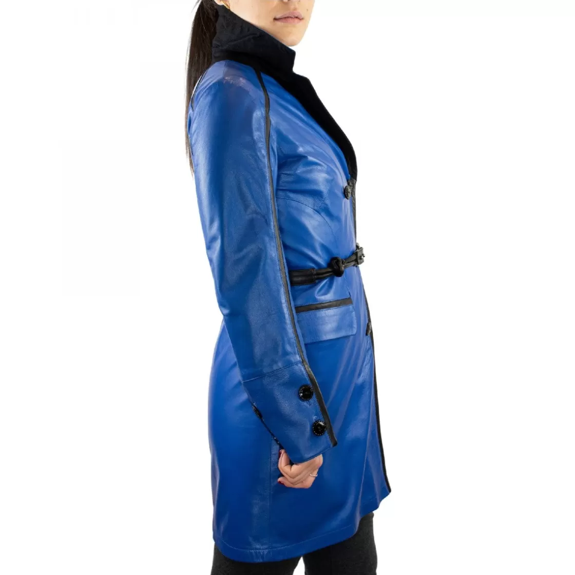 New Leonardo Shoes Giacca Reversibile Da Donna Fatta A Mano In Pelle Di Vitello E Cachemire Con Cintura Blu