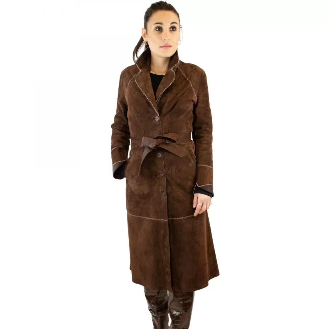 Flash Sale Leonardo Shoes Giacca Reversibile Lunga Elegante Da Donna Fatta A Mano In Pelle Con Cintura Marrone