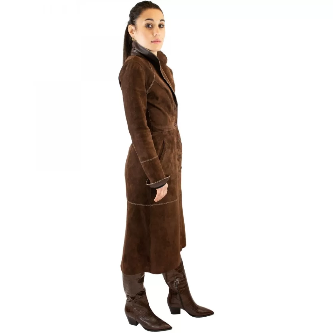 Flash Sale Leonardo Shoes Giacca Reversibile Lunga Elegante Da Donna Fatta A Mano In Pelle Con Cintura Marrone