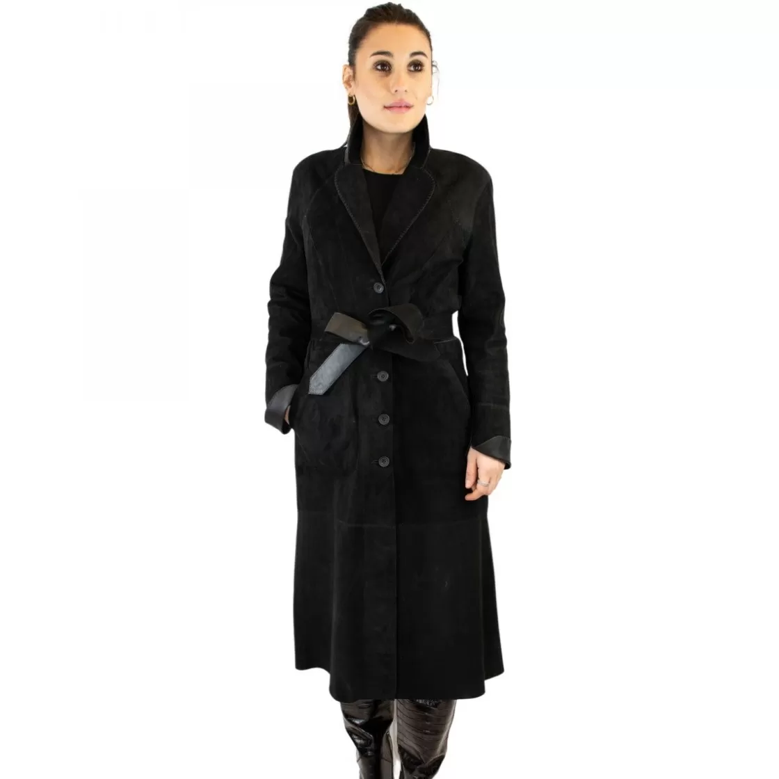 Online Leonardo Shoes Giacca Reversibile Lunga Elegante Da Donna Fatta A Mano In Pelle Nera Con Cintura Nero
