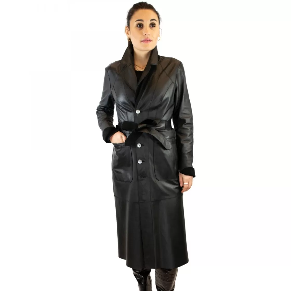 Online Leonardo Shoes Giacca Reversibile Lunga Elegante Da Donna Fatta A Mano In Pelle Nera Con Cintura Nero